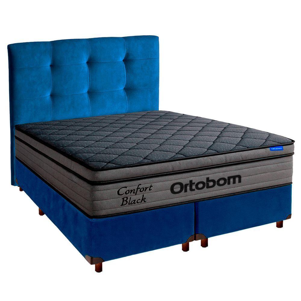 Cama Box Azul+cabeceira+colchão Casal Confort Black Ortobom - 1