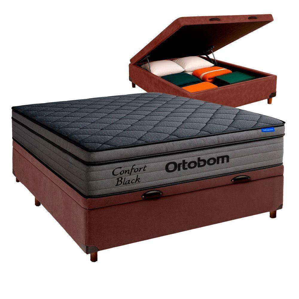 Cama Box Bau Marrom+colchão Casal Confort Black Ortobom - 1