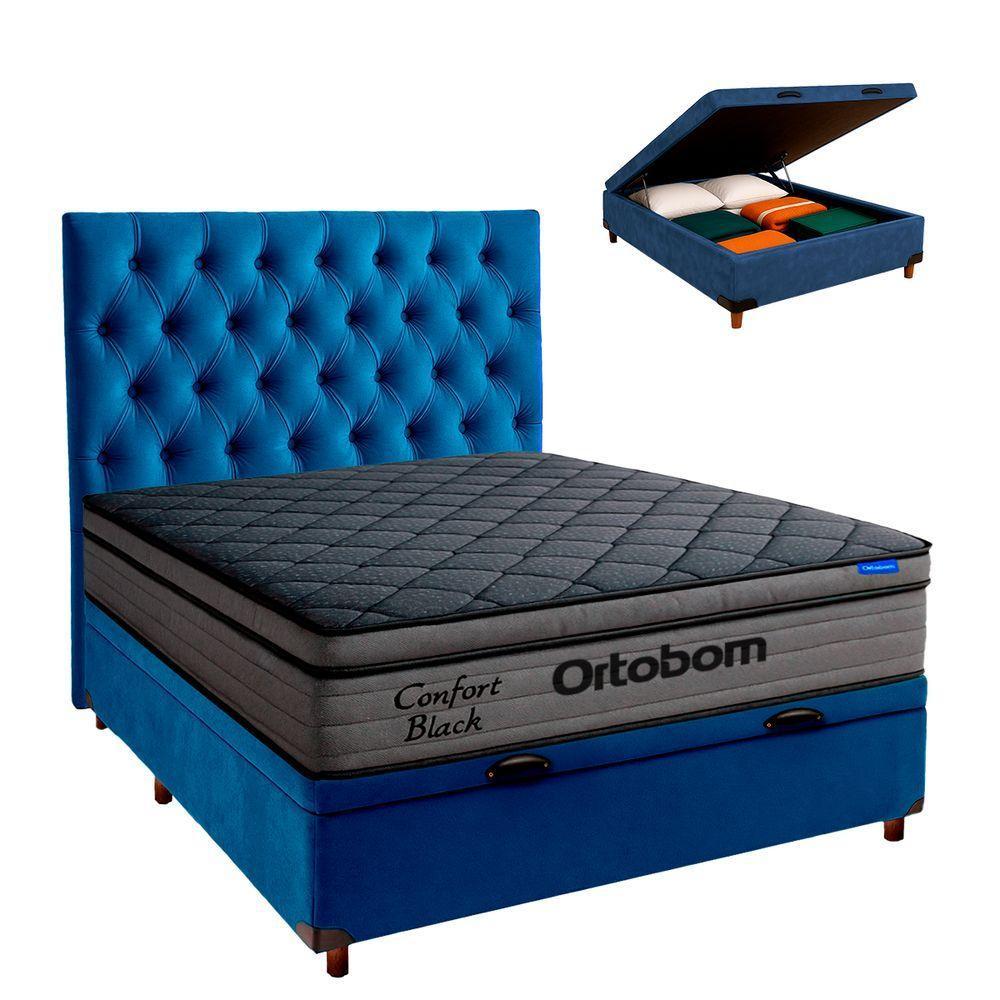 Box Baú Azul+cabeceira+colchão Casal Confort Black Ortobom - 1
