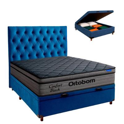 Box Baú Azul+cabeceira+colchão Casal Confort Black Ortobom