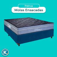 Conjunto Cama Box Azul Casal + Colchão Molas Ensacadas Petrus Paropas