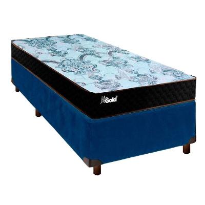 Cama + Box Azul E Colchão Molas Ensacadas Solteiro - Life Gold Paropas