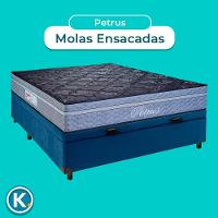 Cama + Bau Azul E Colchão Molas Ensacadas Casal - Petrus Paropas
