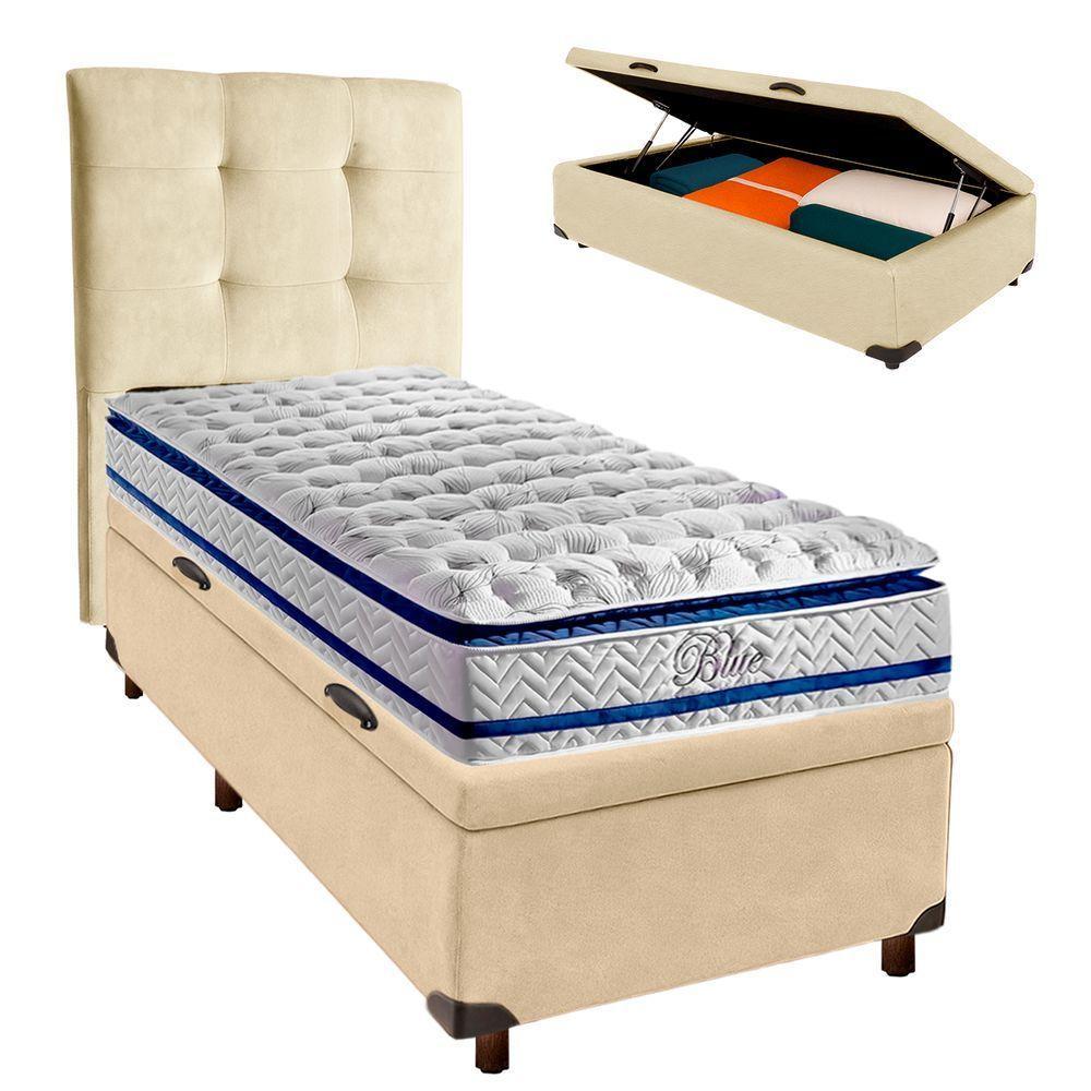 Kit Cama Box Bau + Cabeceira + Colchão Solteiro Molas Ensacadas - Blue - Paropas - 1