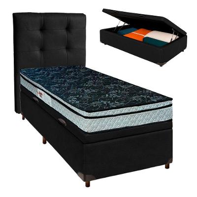 Conjunto Cama Box Bau Preto Solteiro + Colchão D28 Conforto Paropas + Cabeceira