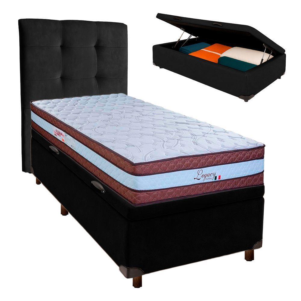 Conjunto Cama Box Bau Preto Solteiro + Colchão Molas Ensacadas Legaccy Paropas + Cabeceira - 1