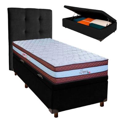 Conjunto Cama Box Bau Preto Solteiro + Colchão Molas Ensacadas Legaccy Paropas + Cabeceira