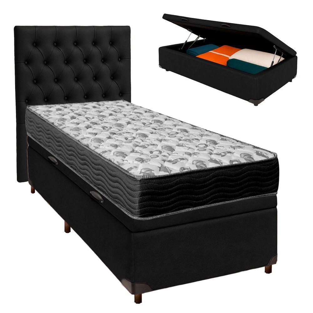 Conjunto Cama Box Bau Preto Solteiro + Colchão D33 Iso100 Ortobom + Cabeceira - 1