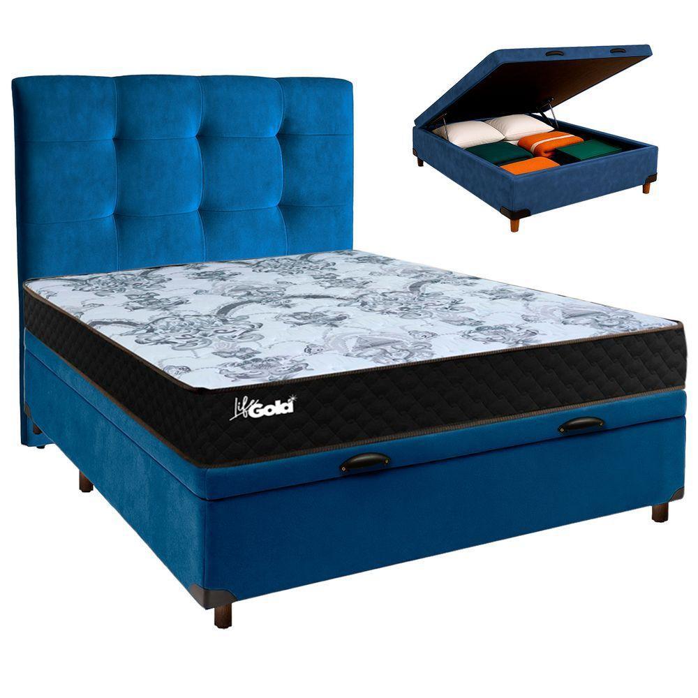 Conjunto Cama Box Bau Azul Casal + Colchão Molas Ensacadas Life Gold Paropas + Cabeceira - 1