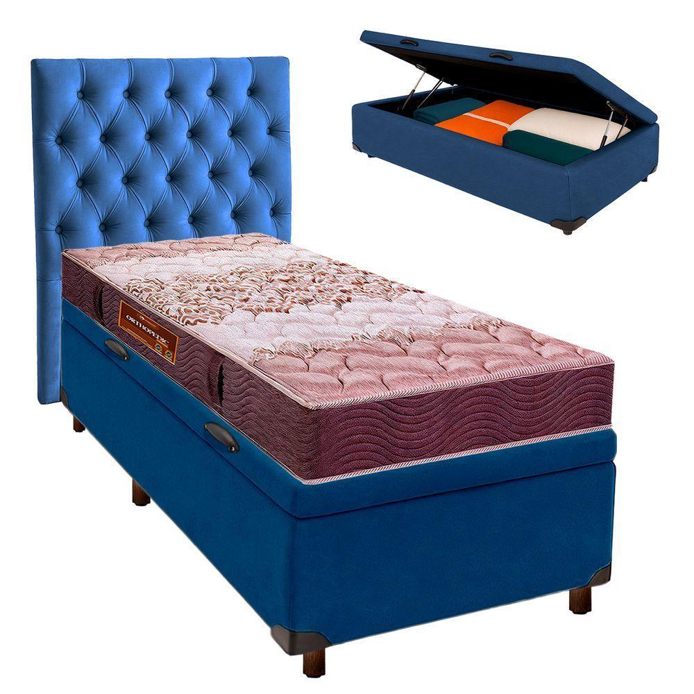 Conjunto Cama Box Bau Azul Solteiro + Colchão D26 Ortophedic Sankonfort + Cabeceira - 1