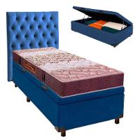 Conjunto Cama Box Bau Azul Solteiro + Colchão D26 Ortophedic Sankonfort + Cabeceira - 1
