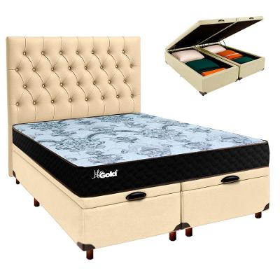 Conjunto Cama Box Bau Blindado Casal + Colchão Molas Ensacadas Life Gold Paropas + Cabeceira