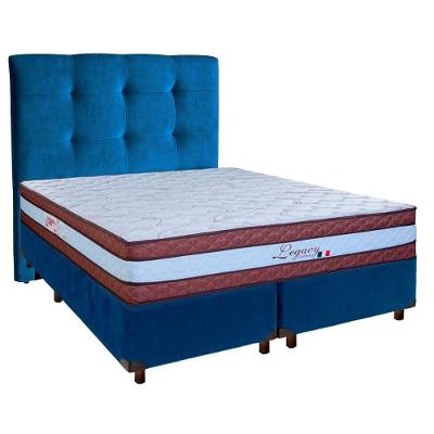 Conjunto Cama Box Azul Queen + Colchão Molas Ensacadas Legaccy Paropas + Cabeceira