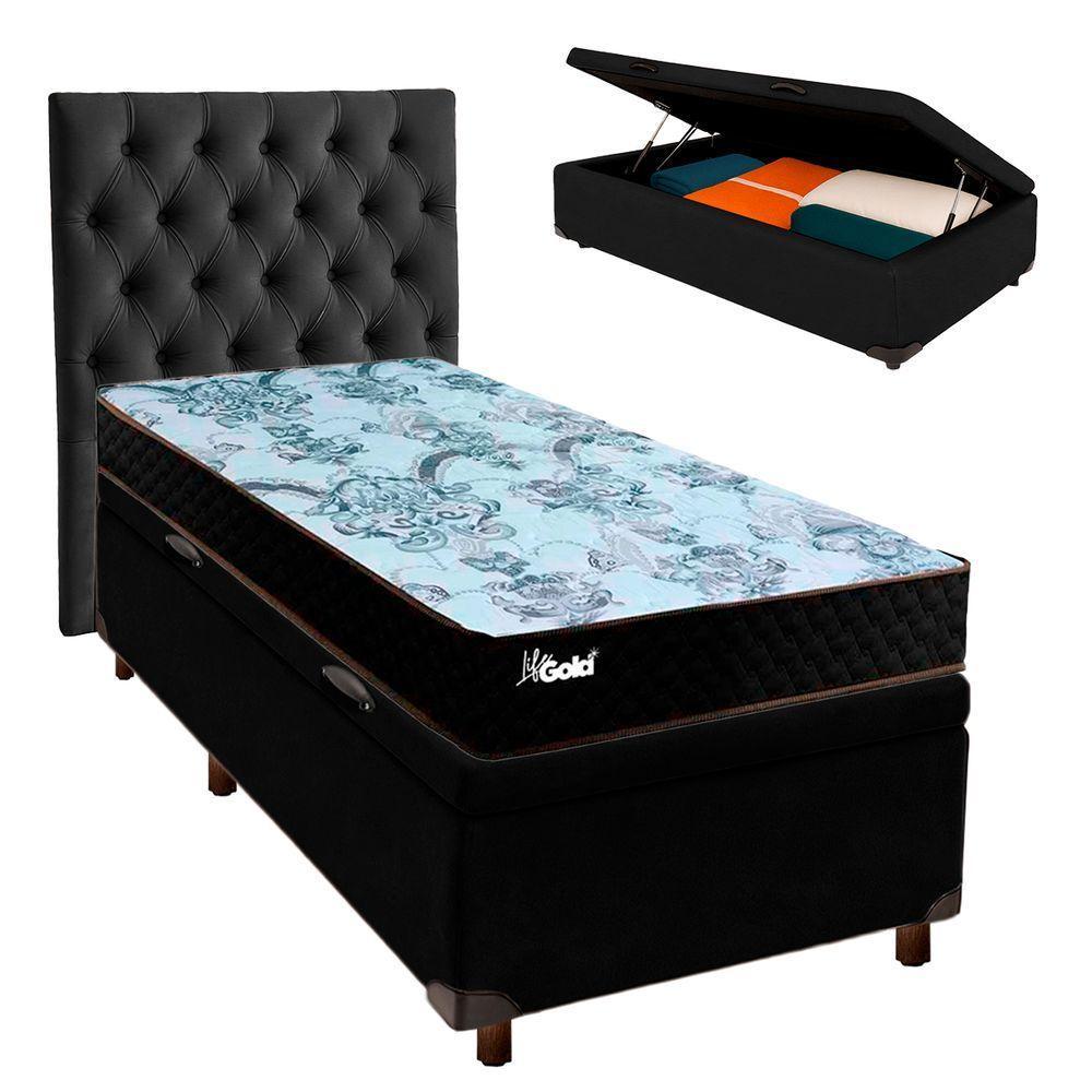Cama Box Bau + Colchão Solteiro Molas Ensacadas Life Gold Paropas + Cabeceira Estofada - 1