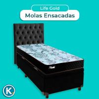 Cama Box Bau + Colchão Solteiro Molas Ensacadas Life Gold Paropas + Cabeceira Estofada