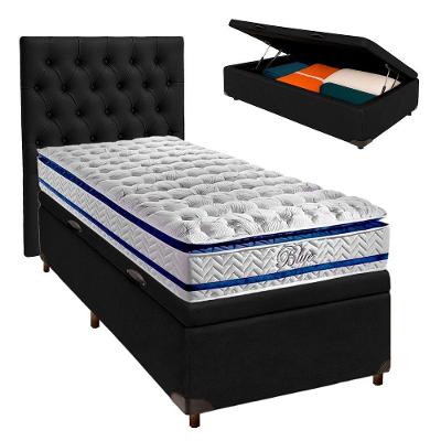 Cama Box Bau + Colchão Solteiro Molas Ensacadas Blue Paropas + Cabeceira Estofada