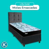 Cama + Box Cinza E Colchão Molas Ensacadas Solteiro - Life Gold Paropas + Cabeceira