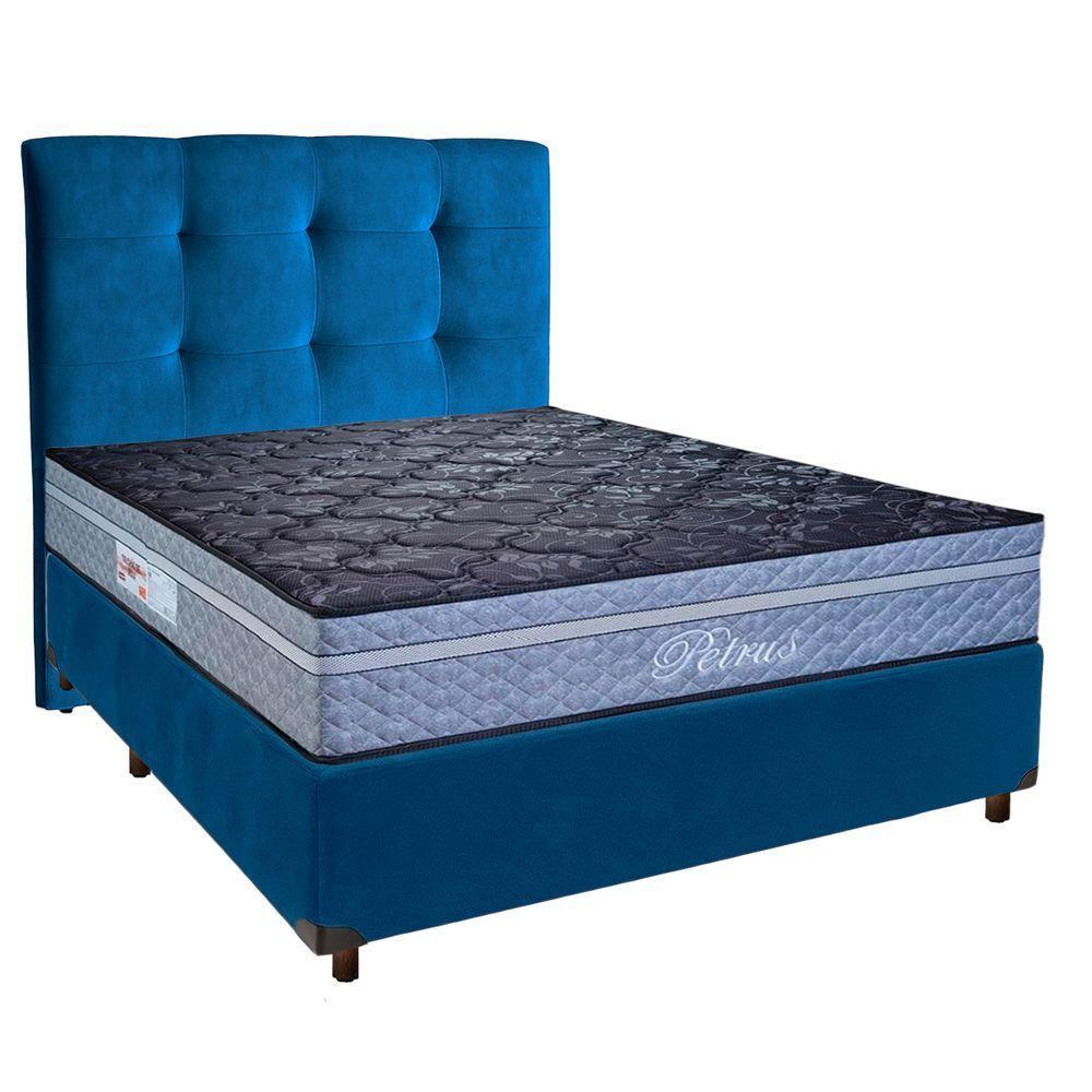 Cama + Box Azul E Colchão Molas Ensacadas Casal - Petrus Paropas + Cabeceira - 1