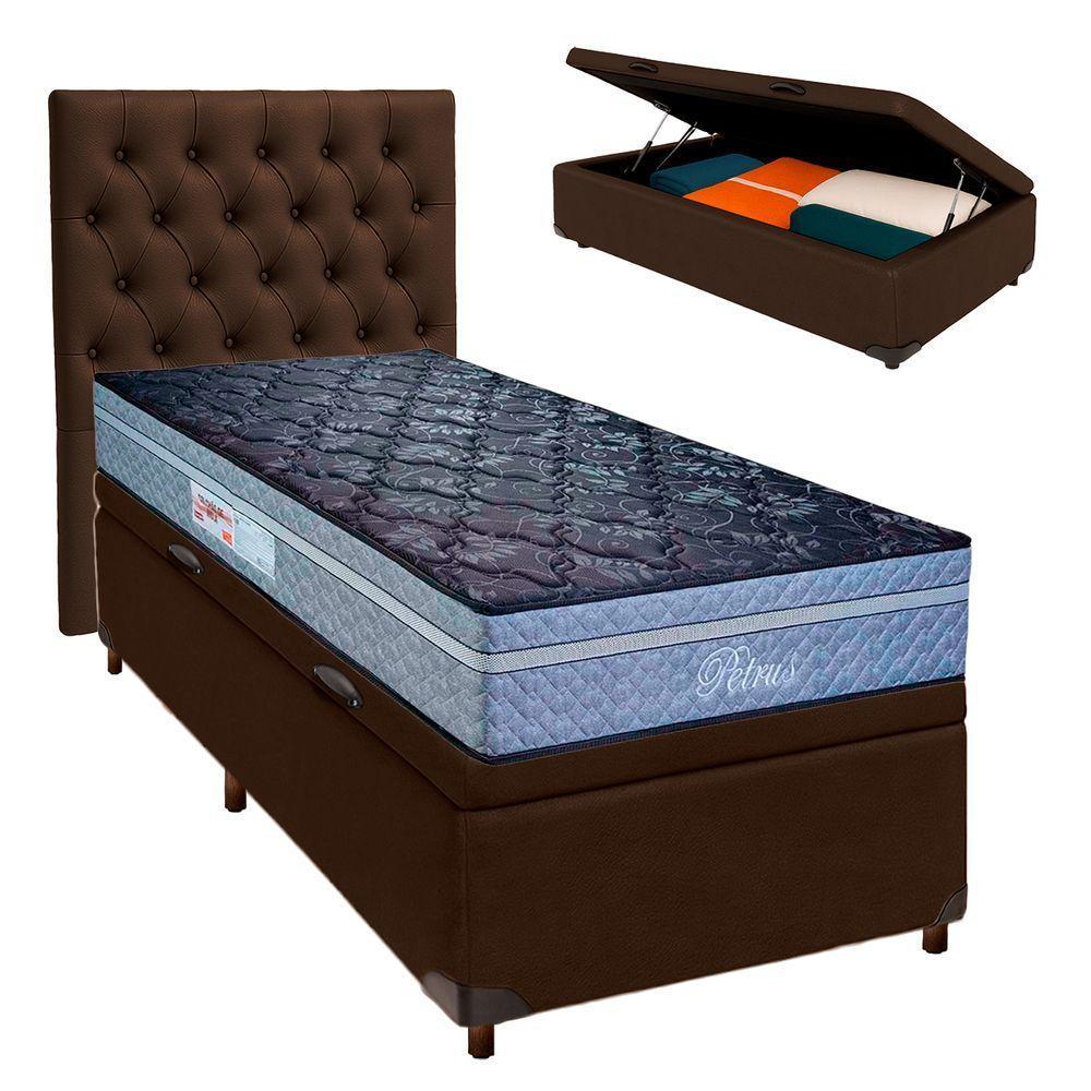 Cama + Bau Marrom E Colchão Molas Ensacadas Solteiro - Petrus Paropas + Cabeceira - 1