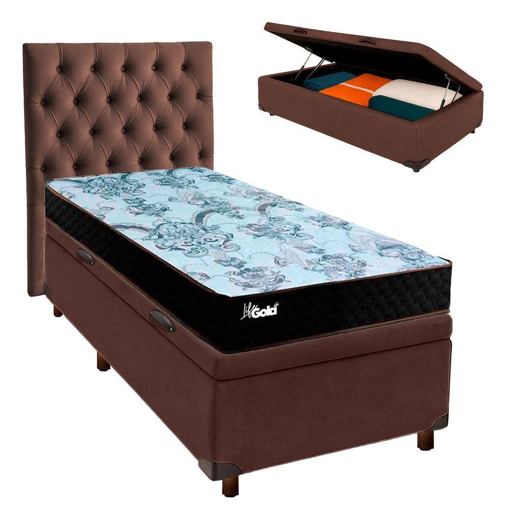 Cama + Bau Marrom E Colchão Molas Ensacadas Solteiro - Life Gold Paropas + Cabeceira - 1