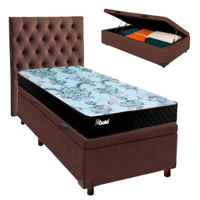 Cama + Bau Marrom E Colchão Molas Ensacadas Solteiro - Life Gold Paropas + Cabeceira