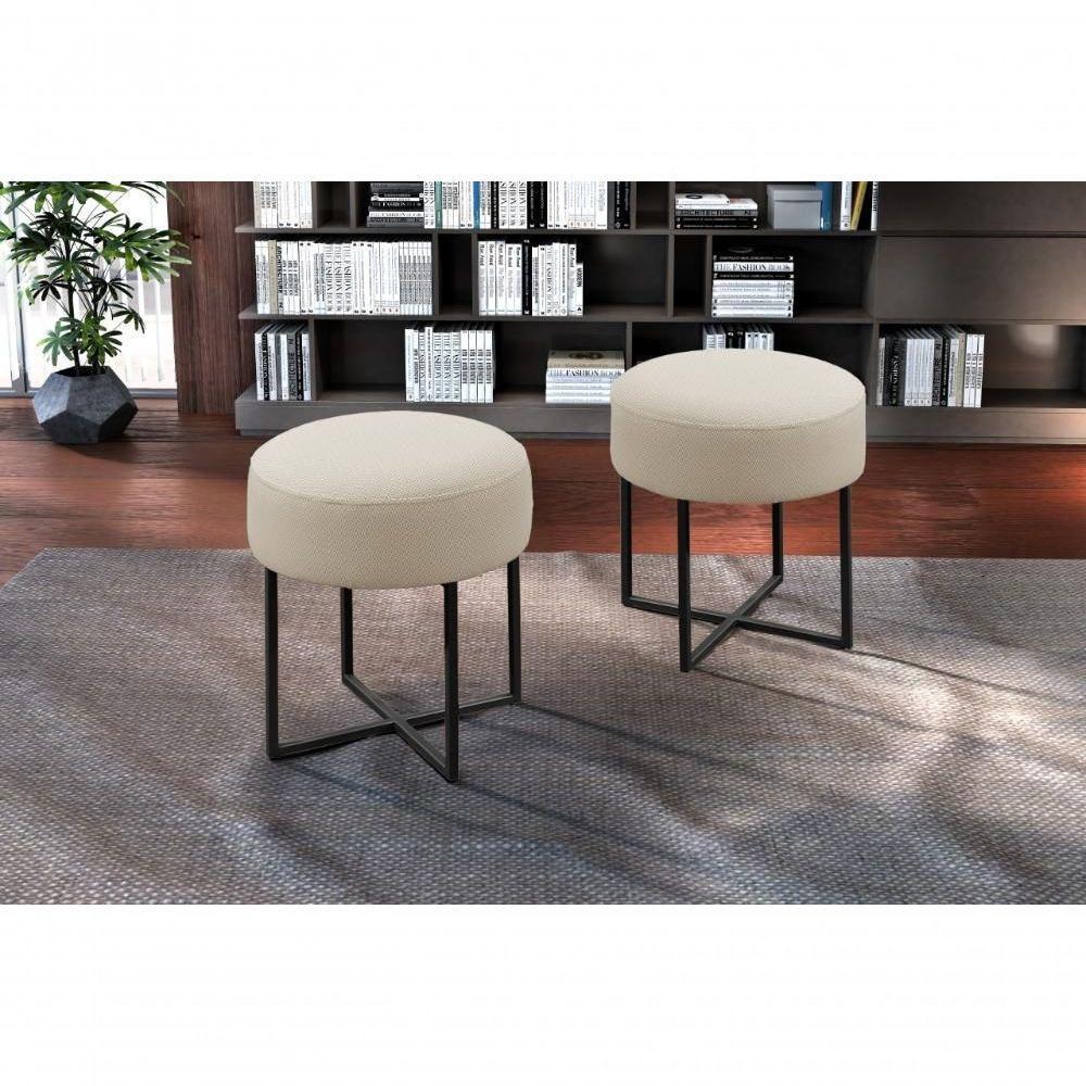 Conjunto - 2 Puffs Banqueta Otávio Base Metálica Preta Luxo Linho Bege Claro - 5