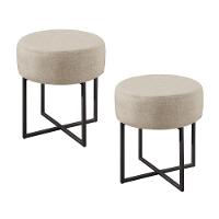 Conjunto - 2 Puffs Banqueta Otávio Base Metálica Preta Luxo Linho Bege Claro - 1