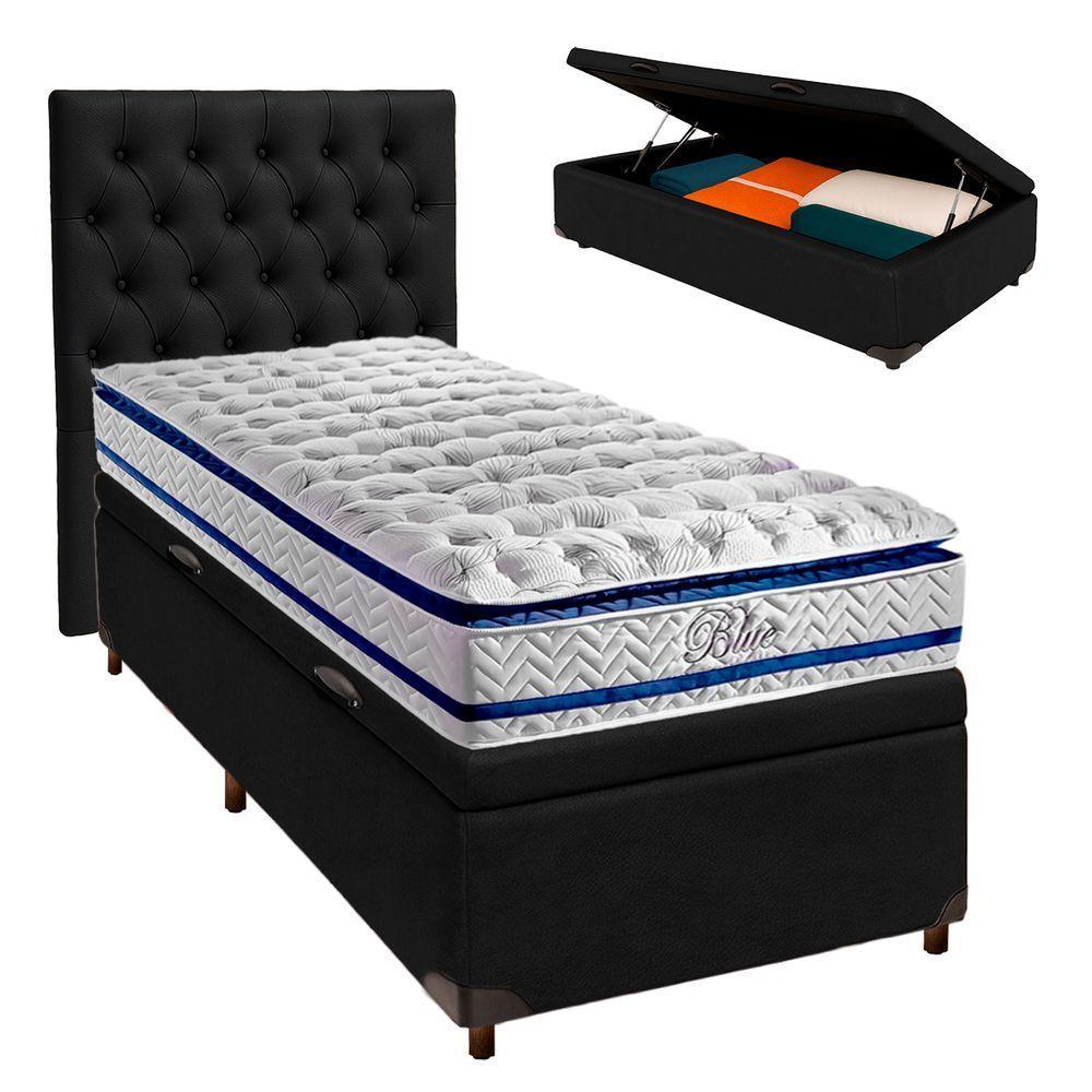 Cama + Bau Blindado E Colchão Molas Ensacadas Solteiro - Blue Paropas + Cabeceira - 1