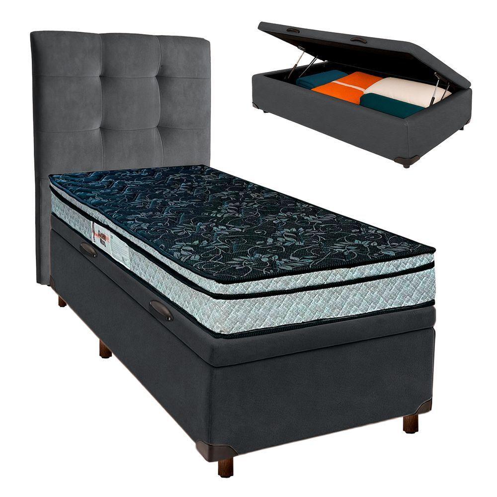 Cama + Bau Cinza E Colchão D28 Solteiro - Conforto Paropas + Cabeceira - 1
