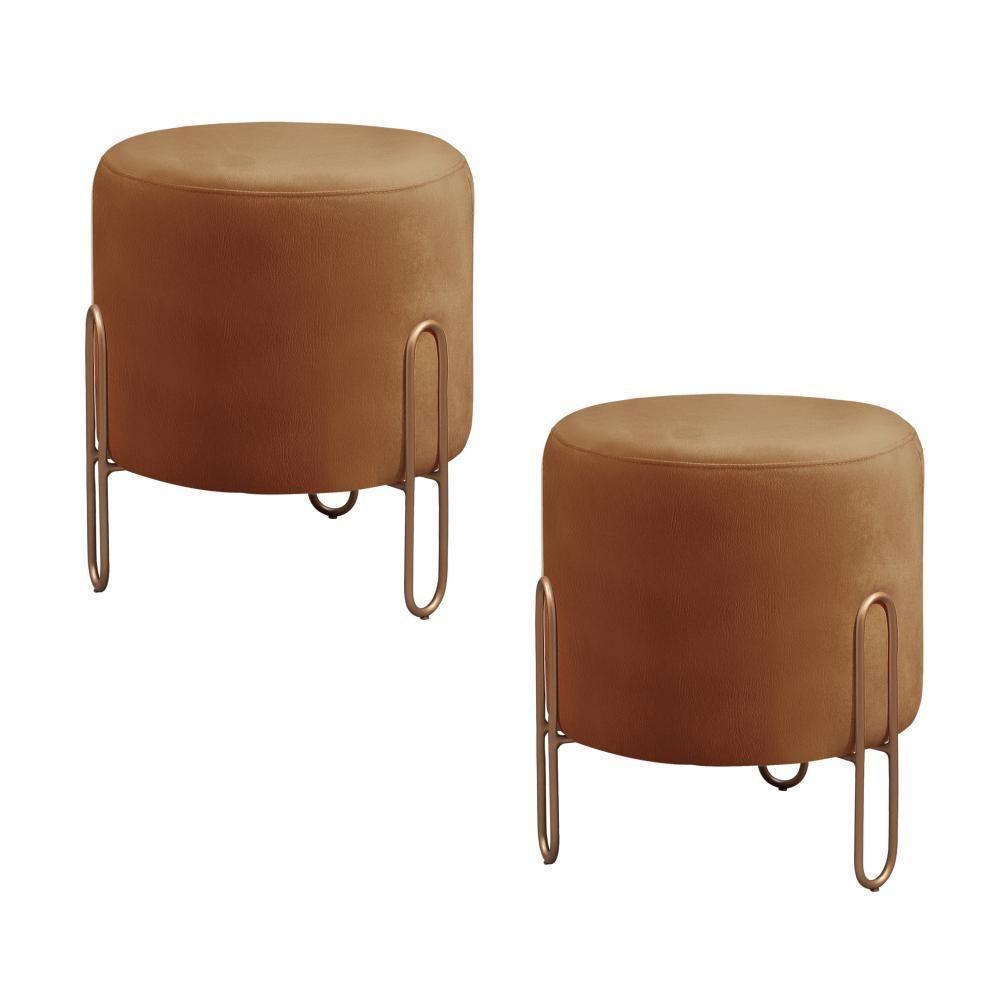 Conjunto - 2 Puffs Banqueta Mali Luxo Base Metálica Bronze Corino Caramelo - 1