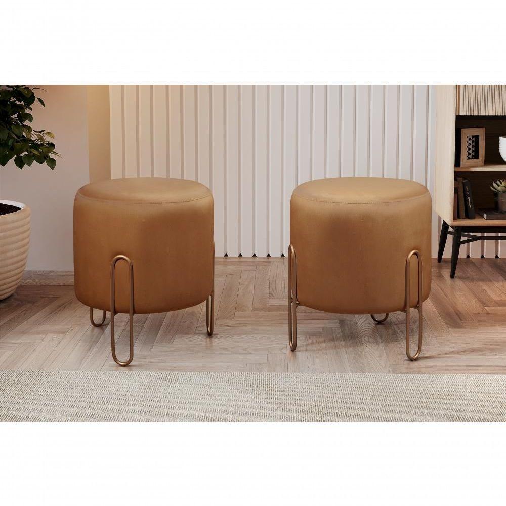 Conjunto - 2 Puffs Banqueta Mali Luxo Base Metálica Bronze Corino Caramelo - 5