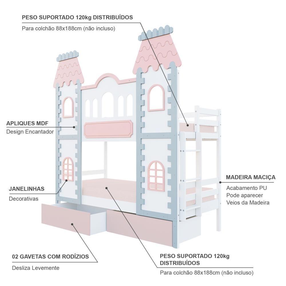 Beliche Castelo Encantado 02 Gavetas Rosa - Madeira Maciça Branco/cinza/rosa Housin - 2