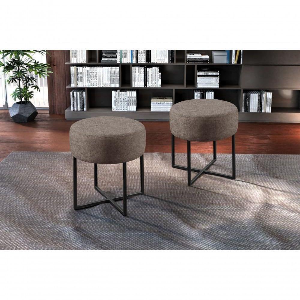 Conjunto - 2 Puffs Banqueta Otávio Base Metálica Preta Luxo Linho Cappuccino - 5