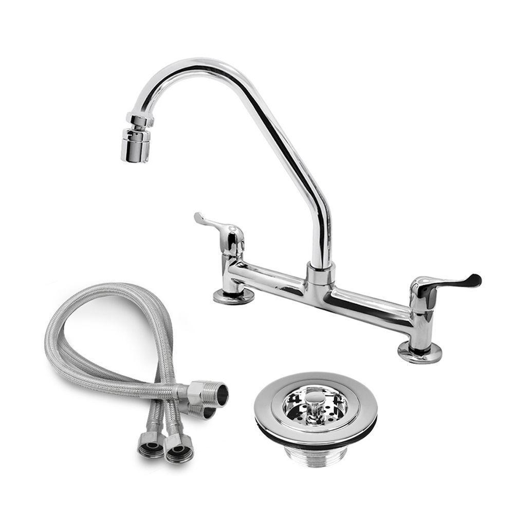 Torneira Pia Cozinha Misturador Mesa + Valvula Americana + 2 Engates Malha De Aço 40cm Cromado - 1