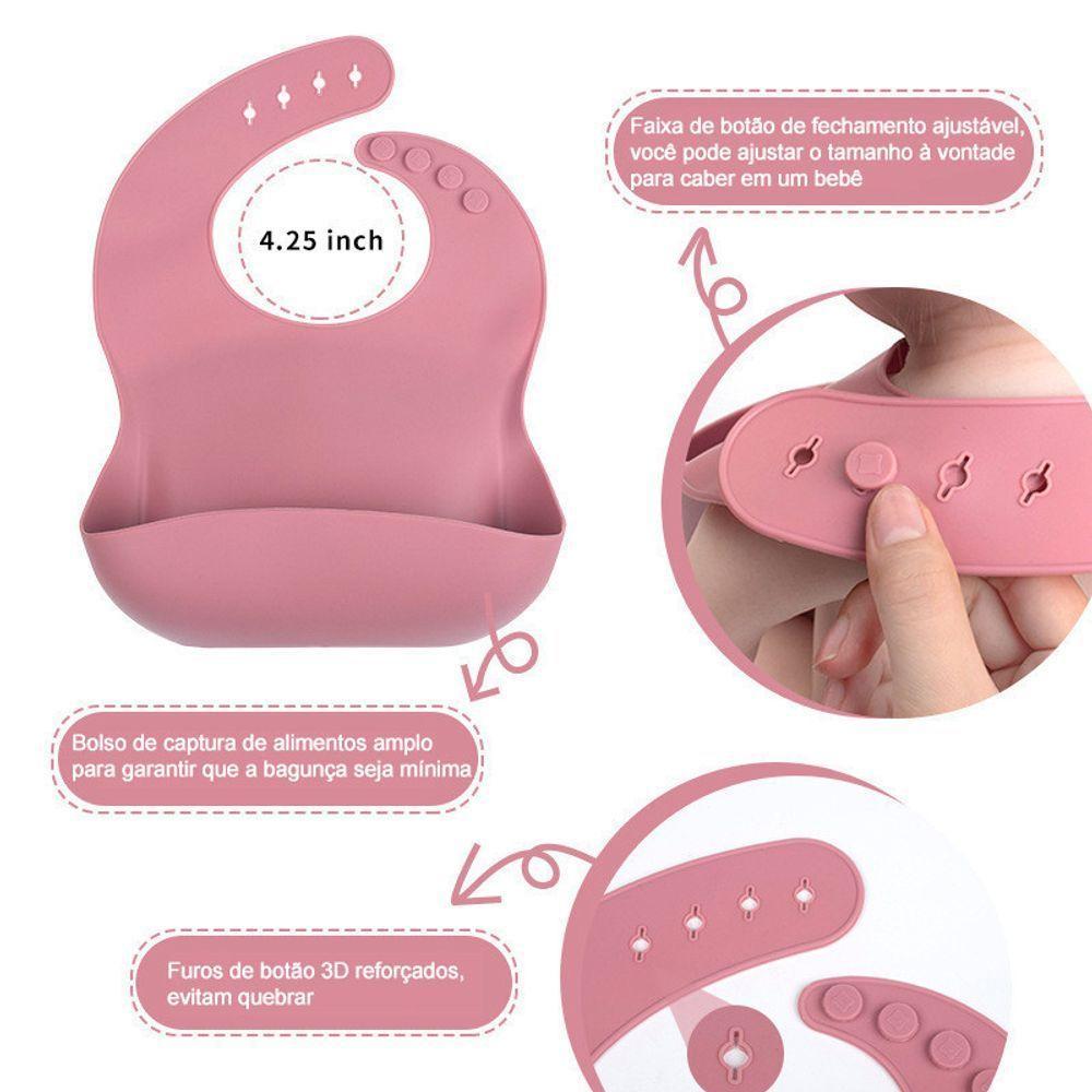 Talheres Bebê Silicone 6 Peças Kit Talheres Infantil Com Ventosa Canudo Colher Babador Garfo Rosa - 1