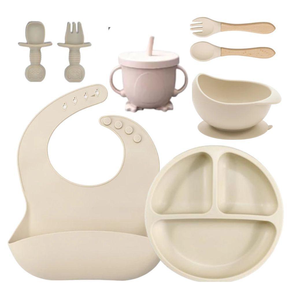 Talheres Bebê Silicone 6 Peças Kit Talheres Infantil Com Ventosa Canudo Colher Babador Garfo Bege - 1