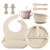 Talheres Bebê Silicone 6 Peças Kit Talheres Infantil Com Ventosa Canudo Colher Babador Garfo Bege - 1