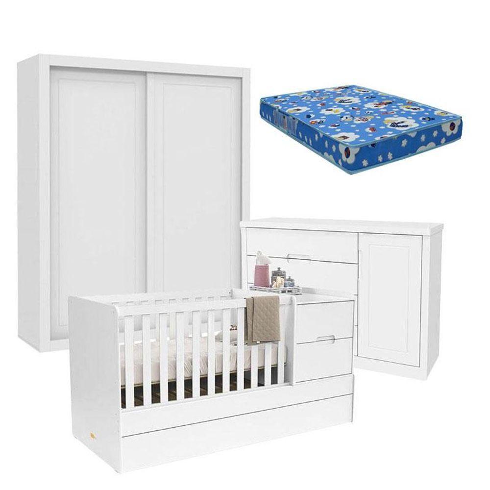Quarto De Bebê 2 Portas Tutto New Com Berço Multifuncional Formare Branco Acetinado E Colchão - Matic - 1