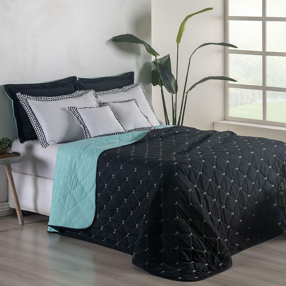 Kit 7 Pçs Cobre Leito Casal Padrão Renove Hipercal 400 Fios Dupla Face Bordado Preto E Verde - 4