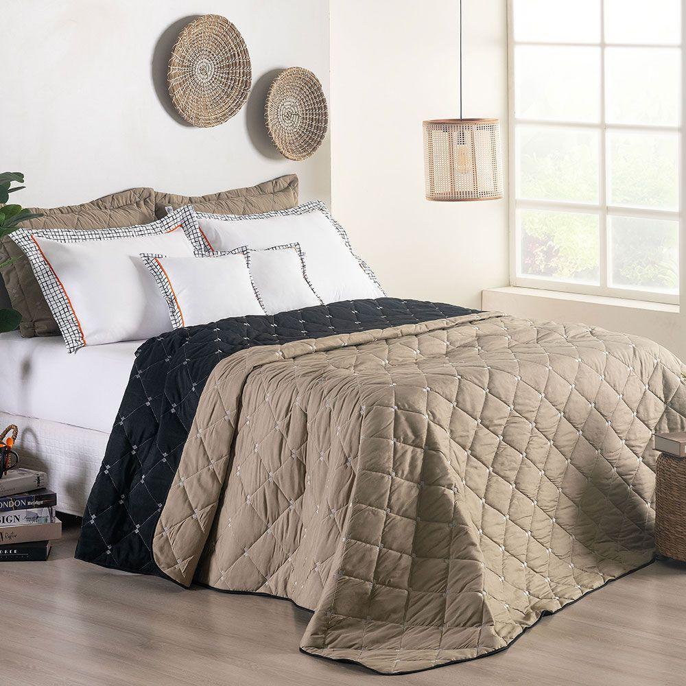 Kit 7 Pçs Cobre Leito Casal Queen Renove Hipercal 400 Fios Dupla Face Bordado Cáqui E Preto - 4