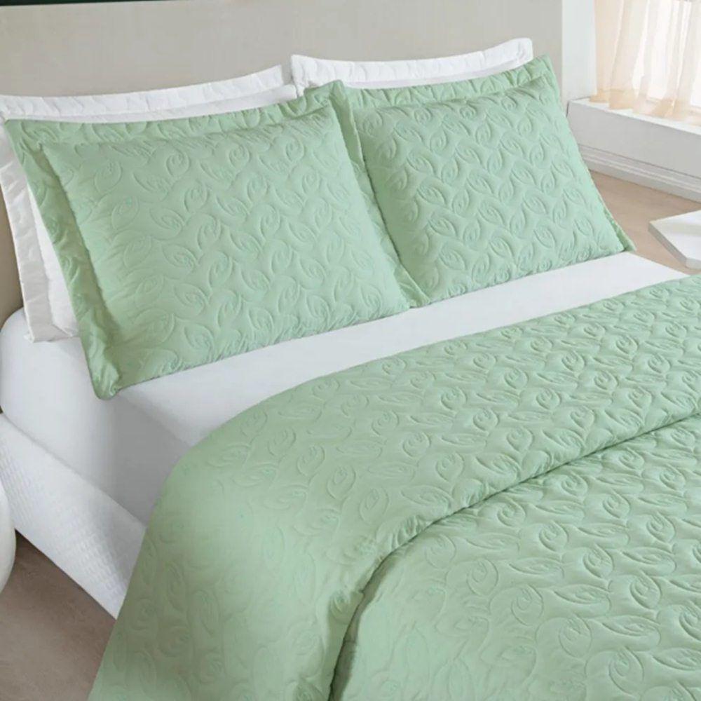 Cobre Leito King Agata Bordado Micropercal 200 Fios 3 Peças - Verde - 1