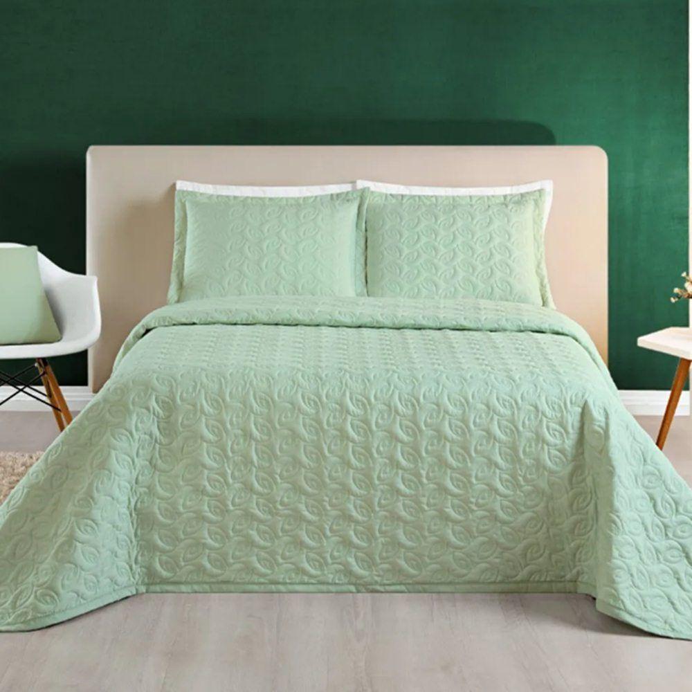 Cobre Leito King Agata Bordado Micropercal 200 Fios 3 Peças - Verde - 3