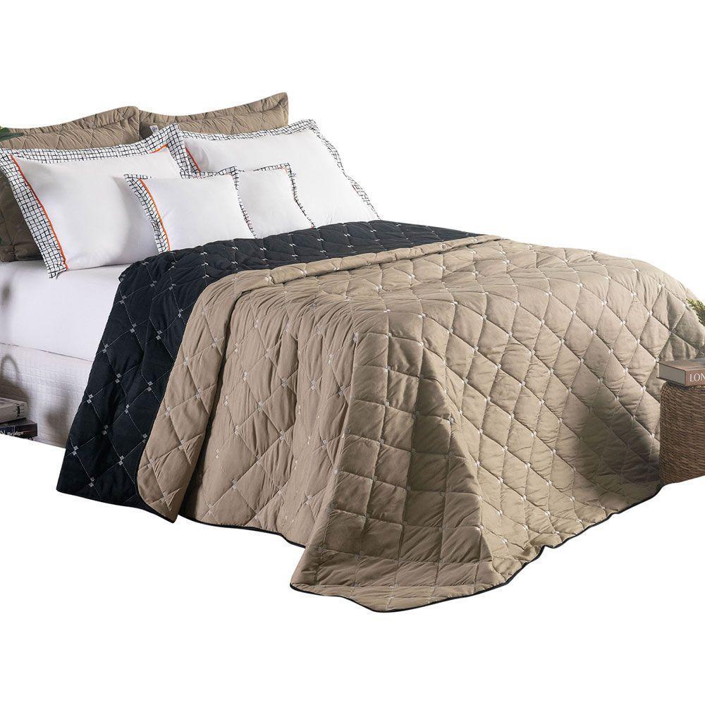 Kit 7 Pçs Cobre Leito Casal Padrão Renove Hipercal 400 Fios Dupla Face Bordado Cáqui E Preto - 1