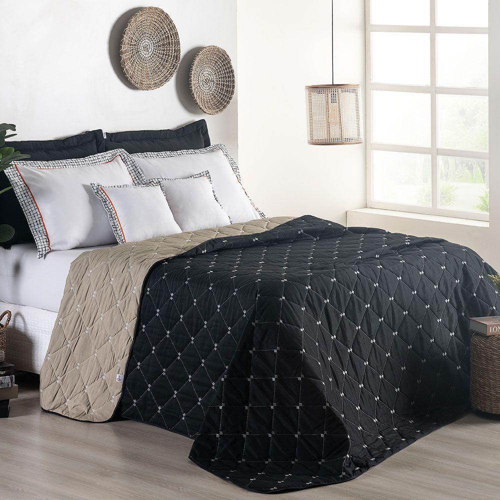 Kit 7 Pçs Cobre Leito Casal Padrão Renove Hipercal 400 Fios Dupla Face Bordado Cáqui E Preto - 5