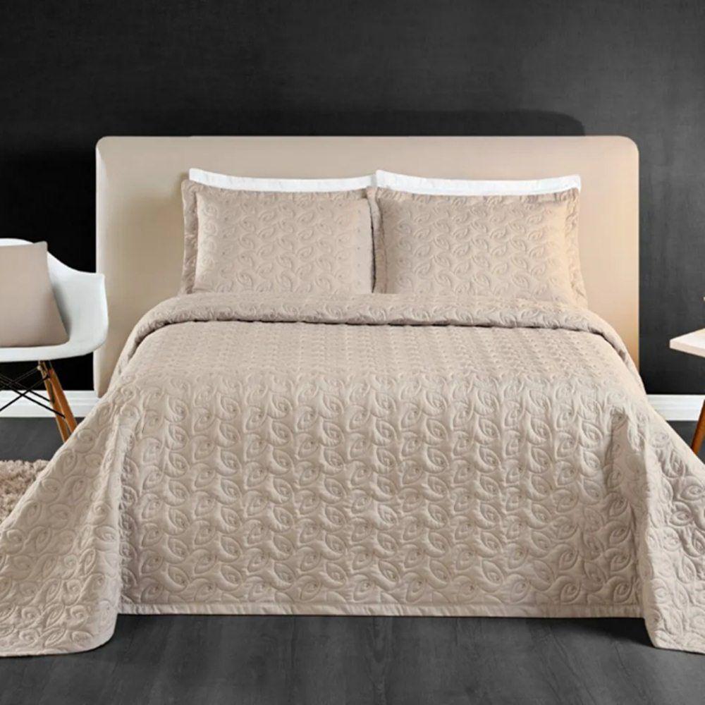 Cobre Leito King Agata Bordado Micropercal 200 Fios 3 Peças - Cáqui - 2