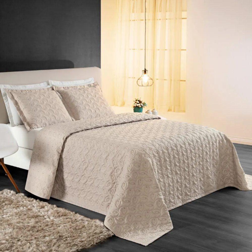 Cobre Leito King Agata Bordado Micropercal 200 Fios 3 Peças - Cáqui - 3