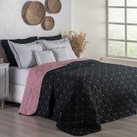 Kit 7 Pçs Cobre Leito Casal Queen Renove Hipercal 400 Fios Dupla Face Bordado Preto E Rosê