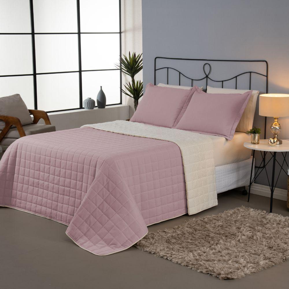 Kit Cobre Leito Matelado Dupla Face Sherpa De Carneiro 3 Peças Queen 80% Algodão - 20% Poliéster Percal 180 Fios Cor:ros - 2