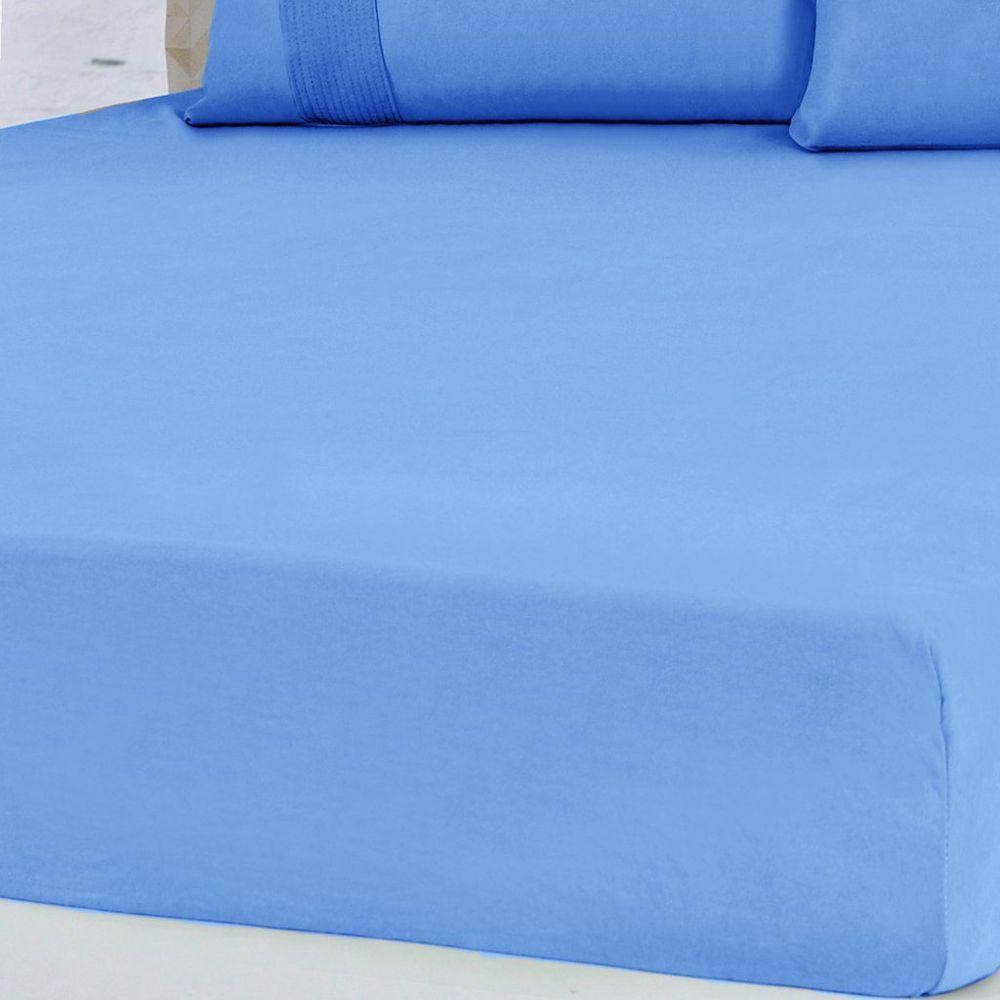 Jogo De Cama Queen Malha 3 Pçs Bella Cama 100% Algodão 158x198x35cm Azul - 2