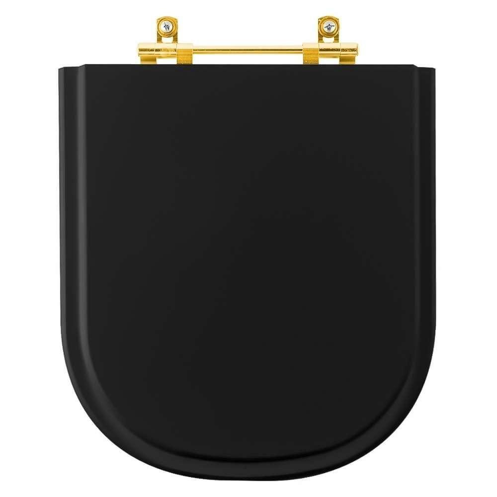 Tampa De Vaso Laqueado Life Preto Para Bacia Celite Com Ferragem Dourada - 1